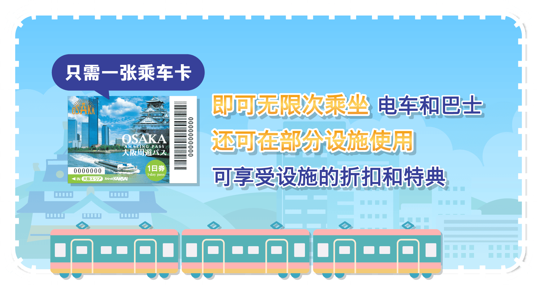Allows you entry into approximately 40 sightseeing spots! Free one-day ride on buses and trains!Approximately 30 facilities and stores on special offers!Saves money and convenient if you are travelling around Osaka Osaka Amazing Pass!