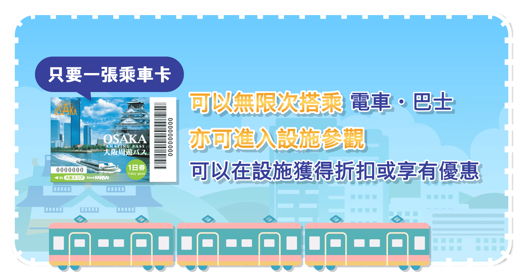 Allows you entry into approximately 40 sightseeing spots! Free one-day ride on buses and trains!Approximately 30 facilities and stores on special offers!Saves money and convenient if you are travelling around Osaka Osaka Amazing Pass!