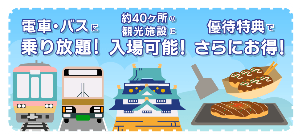 大阪周遊パス 電車・バスに乗り放題、施設にも入場可能、施設・店舗での割引で特典有り