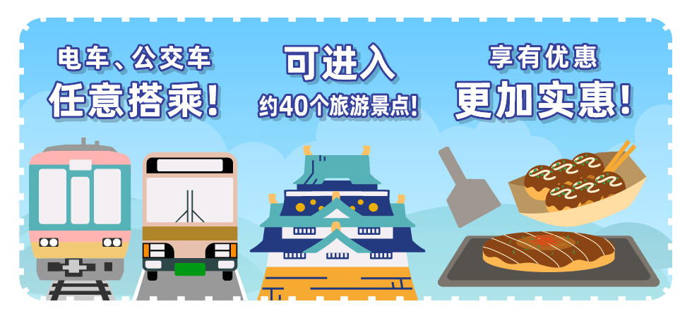 Allows you entry into approximately 40 sightseeing spots! Free one-day ride on buses and trains!Approximately 50 attractions and stores on special offers!Saves money and convenient if you are travelling around Osaka OSAKA AMAZING PASS!