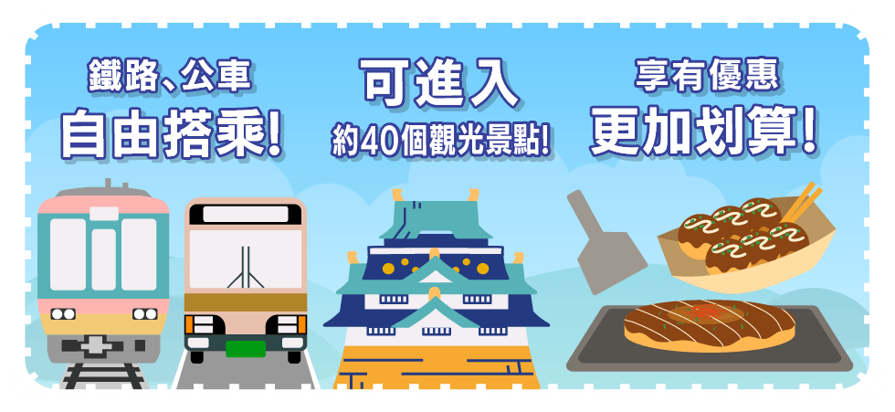 Allows you entry into approximately 40 sightseeing spots! Free one-day ride on buses and trains!Approximately 50 attractions and stores on special offers!Saves money and convenient if you are travelling around Osaka OSAKA AMAZING PASS!