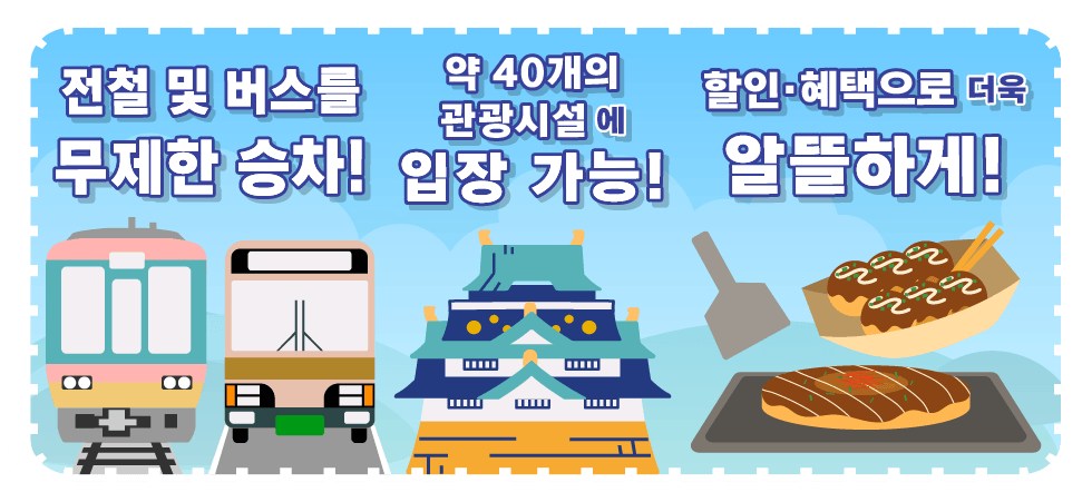 Allows you entry into approximately 40 sightseeing spots! Free one-day ride on buses and trains!Approximately 50 attractions and stores on special offers!Saves money and convenient if you are travelling around Osaka OSAKA AMAZING PASS!